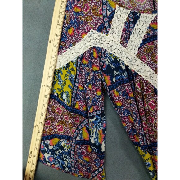 ENTRO Women Tunic Dress SZ M Patchwork Floral Lace Flare Pleated 3/4 Sleeve Boho - Picture 7 of 9